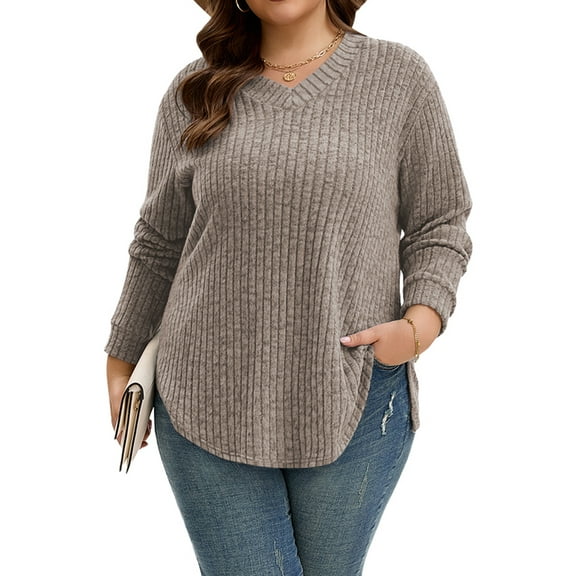 TEMOFON Womens Plus Size Long Sleeve Shirts V Neck Curved Hem Tunic Tops Lightweight Loose Fit Casual Fall Tops XL