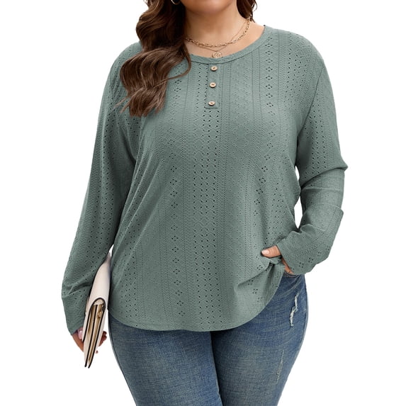 TEMOFON Womens Plus Size Tops Eyelet Blouses Crewneck Button Design Long Sleeve 2025 Fall Casual Shirt