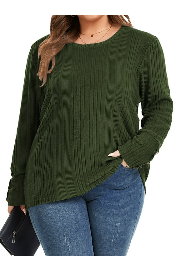 Womens Plus Size Tops Crew Neck Button Long Sleeve Tops Casual Soft Lightweight Sweaters Fall Women Pullover 3XL