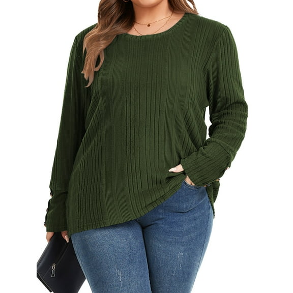 TEMOFON Womens Plus Size Tops Crew Neck Button Long Sleeve Tops Casual Soft Lightweight Sweaters Fall Women Pullover XL