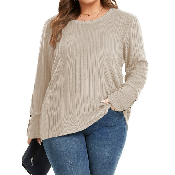 TEMOFON Womens Plus Size Tops Crew Neck Button Long Sleeve Tops Casual Lightweight Soft Sweaters Fall Tunic Tops XL