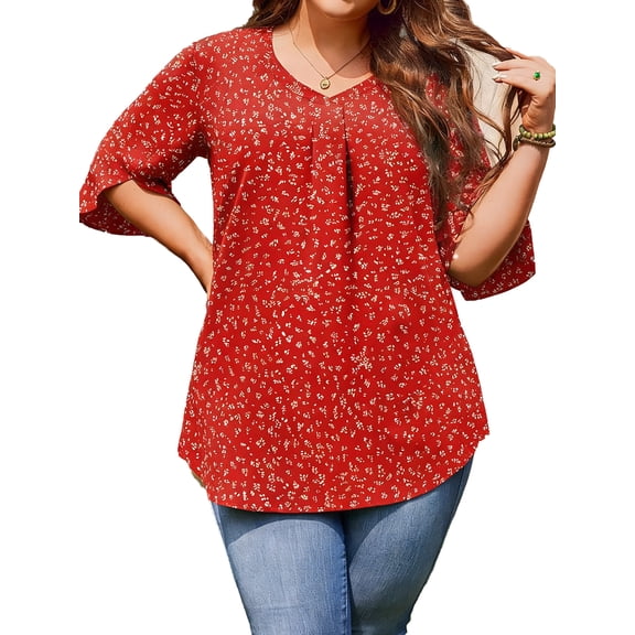 TEMOFON Womens Plus Size Tops Summer V Neck 3/4 Sleeve Blouses Floral Print Loose Casual Tunic Tops Flowy Blouses 3XL