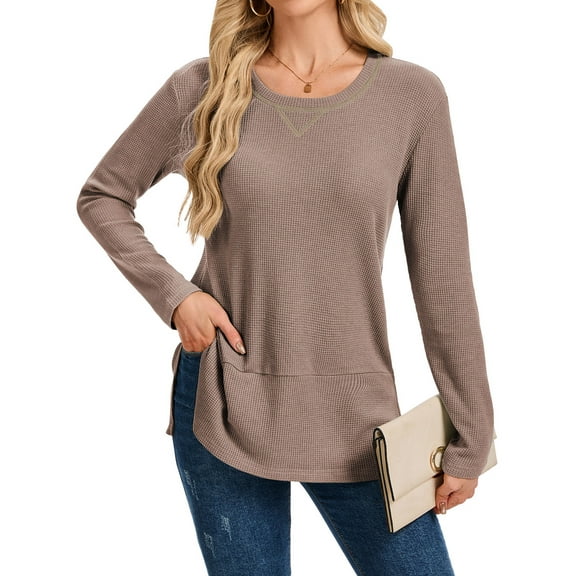 TEMOFON Womens Shirts Long Sleeve Fall Tops Waffle Knit Crew Neck Blouses for Women Side Slits Loose Fit Casual Pullover S
