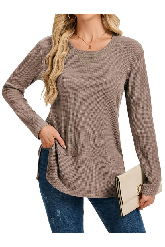 Womens Shirts Long Sleeve Fall Tops Waffle Knit Crew Neck Blouses for Women Side Slits Loose Fit Casual Pullover S
