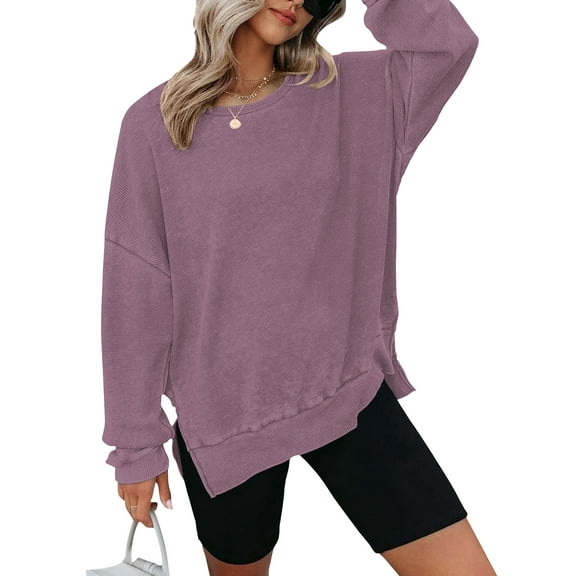 TEMOFON Womens Shirts Long Sleeve Tops Waffle Knit Crew Neck Sweatshirts Fashion Side Slits Casual Pullover Plum