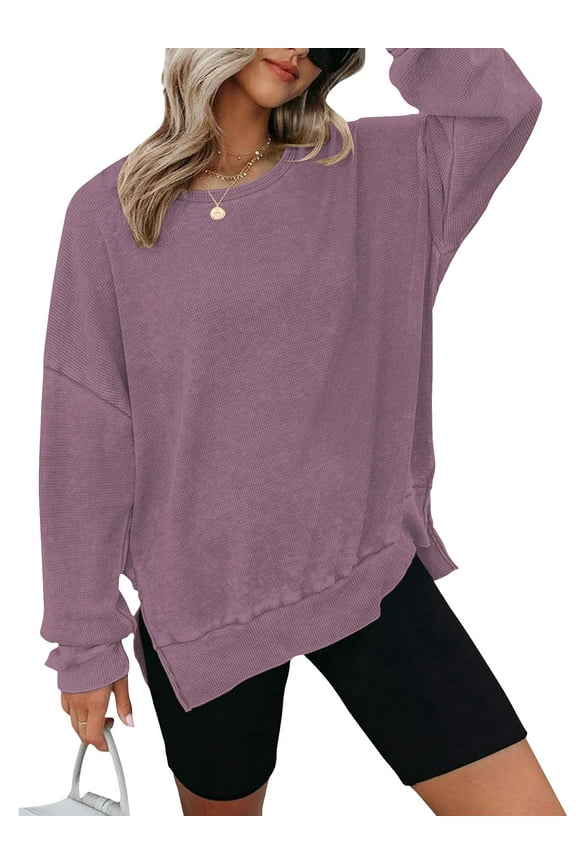 Womens Shirts Long Sleeve Tops Waffle Knit Crew Neck Sweatshirts Fashion Side Slits Casual Pullover Plum