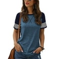 thumbnail image 1 of TEMOFON Womens Shirts Summer Short Sleeve Tops Going Out Tops for Women Color Block Tunic Tops Roundneck Blue Tees Dressy Casual Spring, 1 of 7
