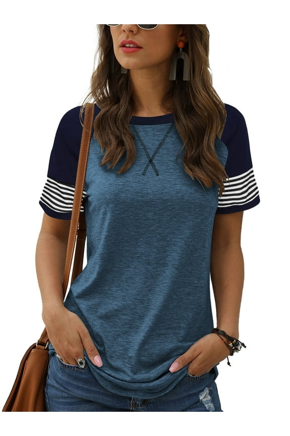 Womens Shirts Summer Short Sleeve Tops Going Out Tops for Women Color Block Tunic Tops Roundneck Blue Tees Dressy Casual Spring