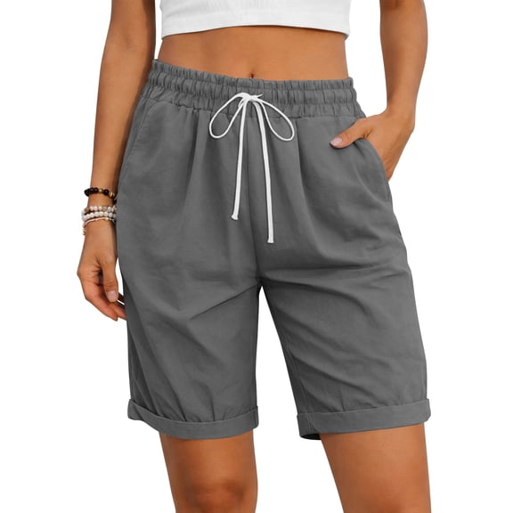 TEMOFON Womens Shorts Summer Casual Elastic Waist Drawstring Shorts with Pockets Knee Length Bermuda Shorts for Women L