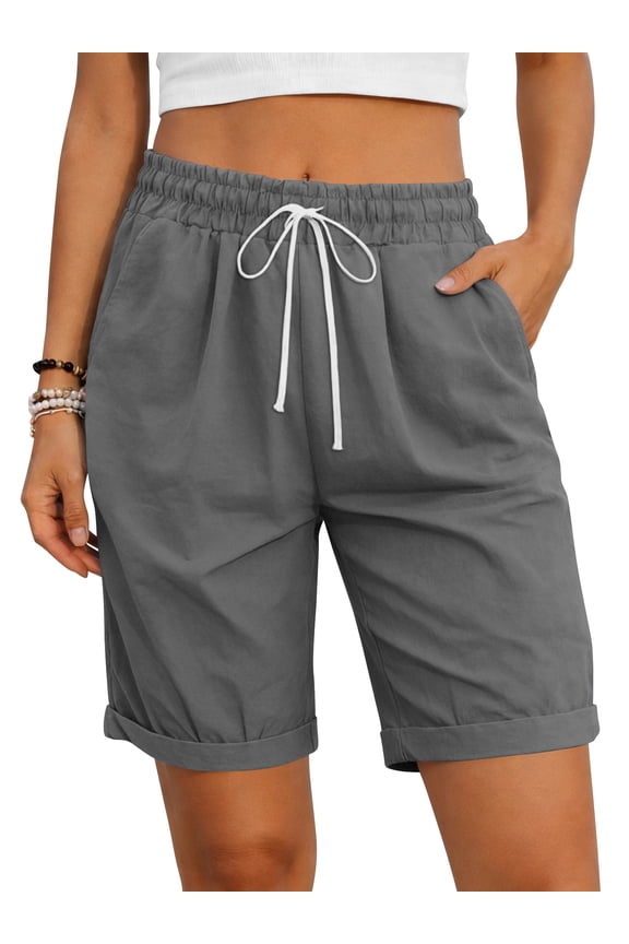 Womens Shorts Summer Casual Elastic Waist Drawstring Shorts with Pockets Knee Length Bermuda Shorts for Women XL