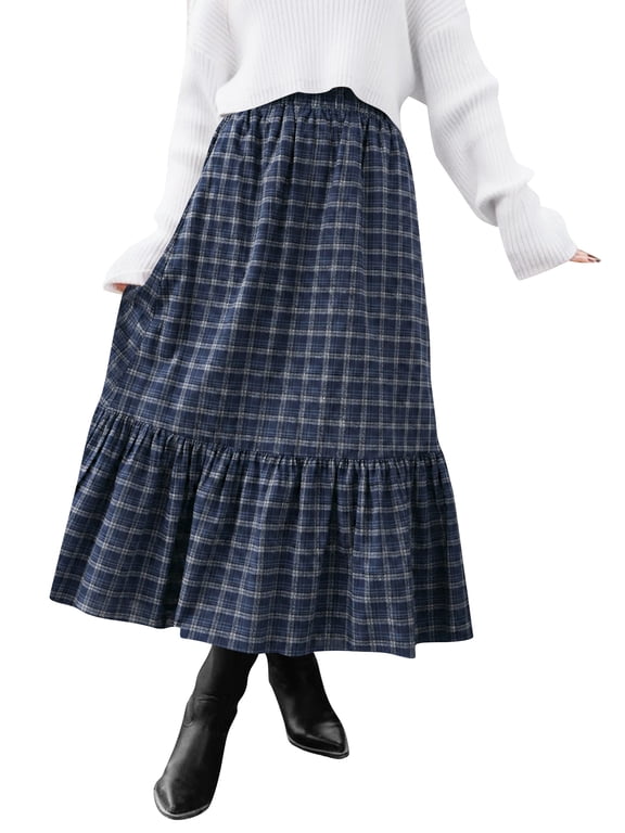 Womens Midi Skirts Plaid Maxi Elastic High Waist with Pockets A Line for Fall Tartan Clothes Flannel Flowy M