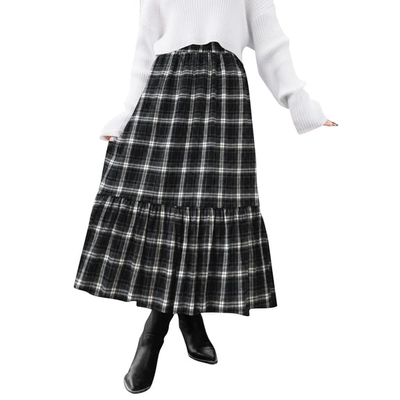 TEMOFON Womens Skirts Midi Vintage Plaid Elastic High Waist with Pockets Maxi A Line for Fall Tartan Tiered Clothes Flowy Flannel L