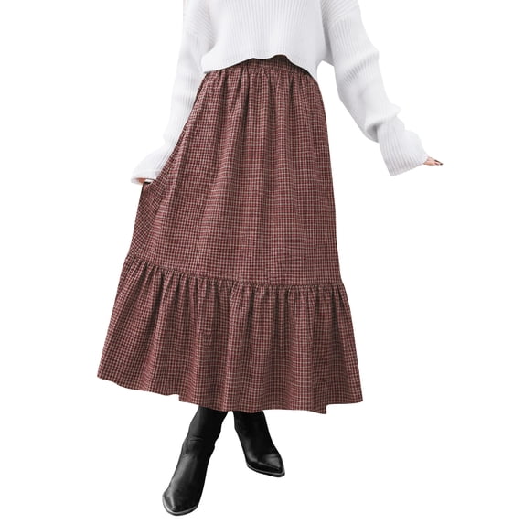 TEMOFON Womens Skirts Midi Vintage Plaid Elastic High Waist with Pockets Maxi A Line for Fall Tartan Tiered Clothes Flowy Winter S