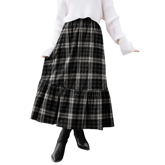 TEMOFON Womens Skirts Midi Vintage Plaid Elastic High Waist with Pockets Maxi A Line for Fall Tartan Tiered Clothes Flowy Winter XL