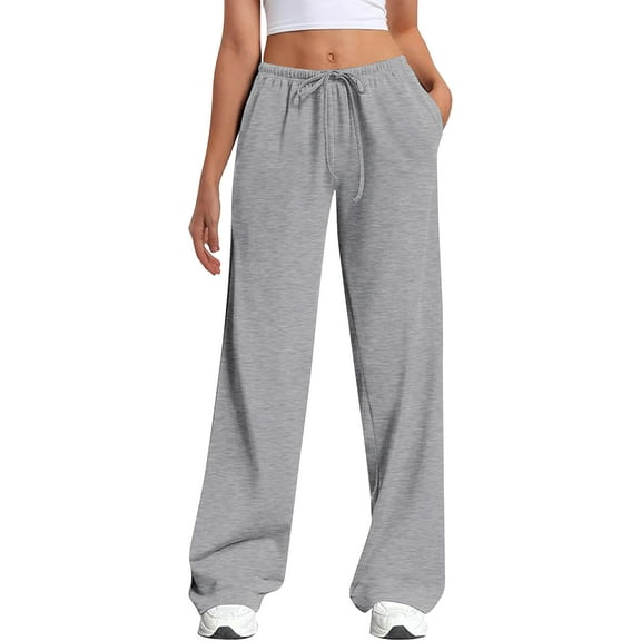 TEMOFON Womens Straight Leg Low rise Sweatpants Wide Leg Sweatpants Drawstring Elastic Low Waist Pants Gray Sweatpants with Pockets