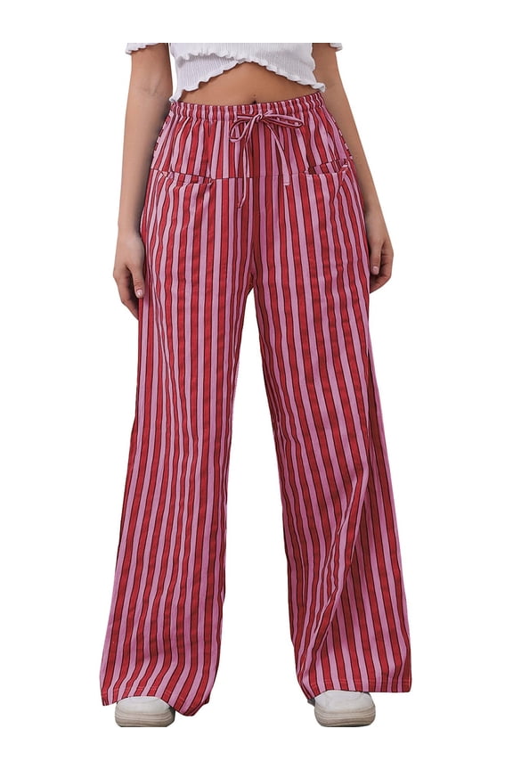 Pants for Women Wide Leg Palazzo High Waist Pants Casual Drawstring Striped Pants Comfy Loose Oversize Lounge Trousers with Pocket
