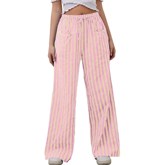TEMOFON Womens Wide Leg Pants Striped Palazzo Drawstring Pants Casual High Waist Loose Fit Lounge Trousers with Pocket