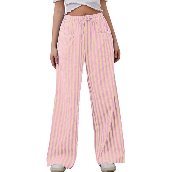 TEMOFON Womens Wide Leg Pants Striped Palazzo Drawstring Pants Casual High Waist Loose Fit Lounge Trousers with Pocket