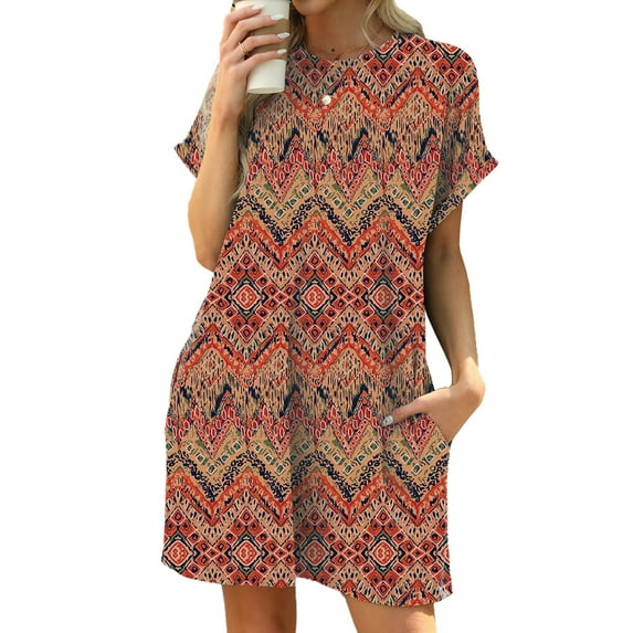 TEMOFON Womens Summer Dresses Casual Short Sleeve Mini Dresses for Womens Clothes Comfy Short Sleeve Loose Fit Shirt Dress Boho Floral Print Swing Vacation Holiday Summer Dresses