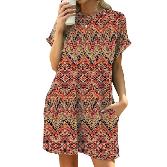 TEMOFON Womens Summer Dresses Casual Short Sleeve Mini Dresses for Womens Clothes Comfy Short Sleeve Loose Fit Shirt Dress Boho Floral Print Swing Vacation Holiday Summer Dresses