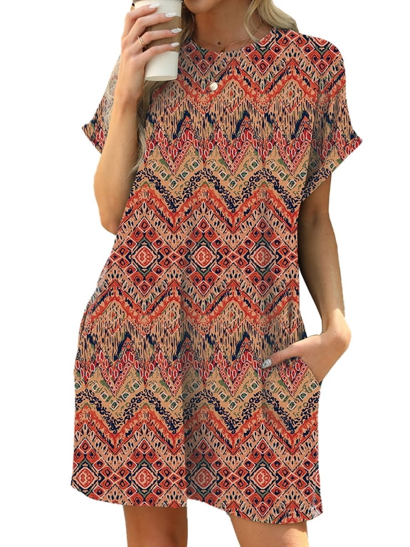 Womens Summer Dresses Casual Short Sleeve Mini Dresses for Womens Clothes Comfy Short Sleeve Loose Fit Shirt Dress Boho Floral Print Swing Vacation Holiday Summer Dresses