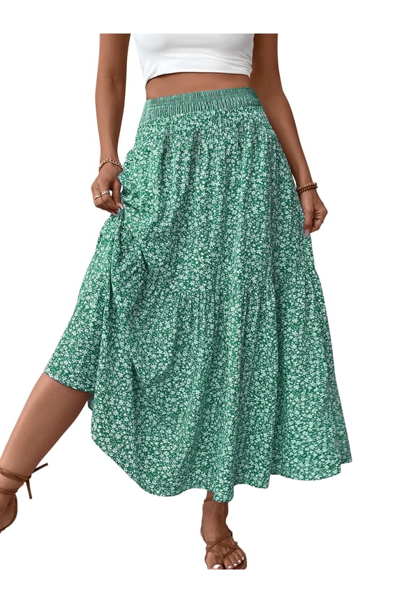 Womens Summer Elastic Waist Flowy A-Line Maxi Skirts Boho Floral Womens Clothes Beach Long Skirt with Pockets