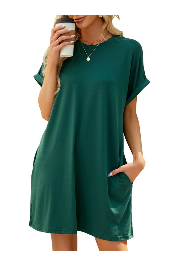 Womens Summer T Shirt Dresses Casual Short Sleeve Loose Trendy Mini Dresses Crewneck with Pocket Swing Vacation Holiday Beach T Shirt Dress Solid color Green Size S