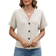 TEMOFON Womens Summer Tops Casual V Neck Knit Button Down Blouse Comfy Short Sleeve Cardigans for Women Loose Shirts Size XL