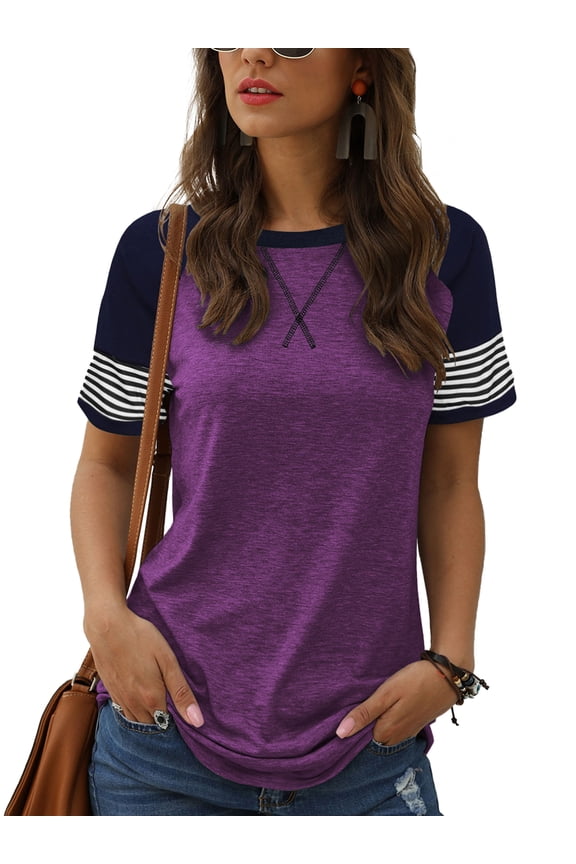 Womens Summer Tops Short Sleeve Shirts for Women Trendy Graphic Tees Casual Tunic Purple Top Crewneck Striped T Shirt
