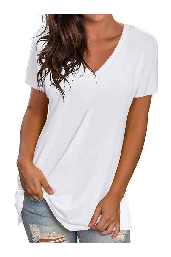Womens Tops Short Sleeves V Neck Summer Shirts Loose Fit Tee Shirts Basic Tunic Fashion T-Shirts for Women