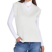 TEMOFON Womens Sweater Vest Fall V Neck Ribbed Knit Sleeveless Sweater Vest Casual Oversized Loose Fit Pullover Tank Tops L