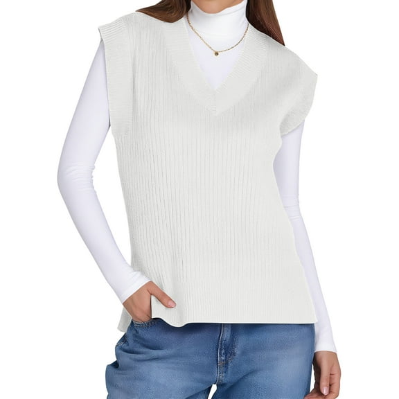 TEMOFON Womens Sweater Vest Fall V Neck Ribbed Knit Sleeveless Sweater Vest Casual Oversized Loose Fit Pullover Tank Tops S