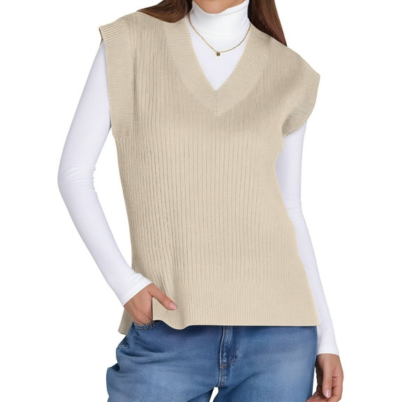 TEMOFON Womens Sweater Vest V Neck Sleeveless Ribbed Knit Sweater Vest Fall Casual Loose Fit Solid Color Pullover Tops L