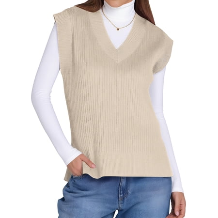 TEMOFON Womens Sweater Vest V Neck Sleeveless Ribbed Knit Sweater Vest Fall Casual Loose Fit Solid Color Pullover Tops M