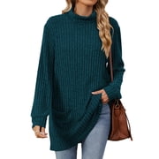 TEMOFON Womens Sweaters Long Sleeve Tunic Tops Casual Fall Turtleneck Soft Sweaters Comfy Shirts Loose Knit Pullover for Women Winter Clothes with Pocket