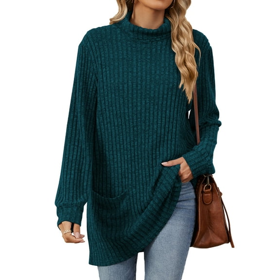 TEMOFON Womens Sweaters Long Sleeve Tunic Tops Casual Fall Turtleneck Soft Sweaters Comfy Shirts Loose Knit Pullover for Women Winter Clothes with Pocket