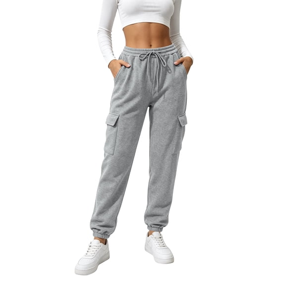 TEMOFON Womens Sweatpants Cargo Drawstring Joggers with Pockets Elastic Waistband Lounge Fall Pants for Women Winter Clothes Warm Trousers Grey M