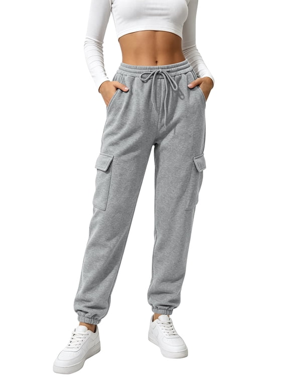 Womens Sweatpants Cargo Drawstring Joggers with Pockets Elastic Waistband Lounge Fall Pants for Women Winter Clothes Warm Trousers Grey S