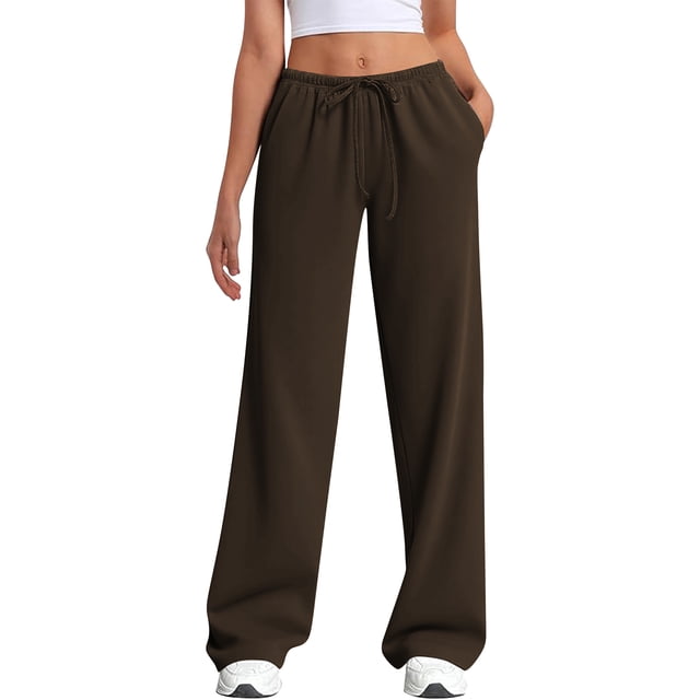 TEMOFON Womens Sweatpants Drawstring Elastic Low Waist Pants Straight Leg Low Rise Sweatpants Pants for jogger Coffee Sweatpants with Pockets