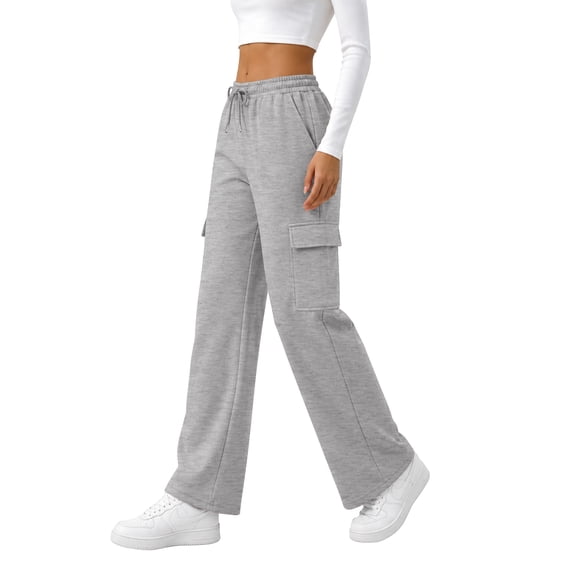 TEMOFON Womens Sweatpants Elastic Drawstring Waist Baggy Lounge Pants with Side Cargo Pockets Fall Loose Athletic Trousers Grey S