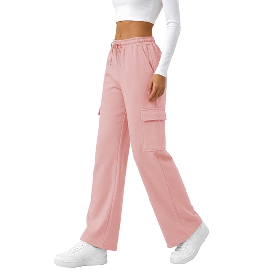 TEMOFON Womens Sweatpants Elastic Drawstring Waist Baggy Lounge Pants with Side Cargo Pockets Fall Loose Athletic Trousers Pink L