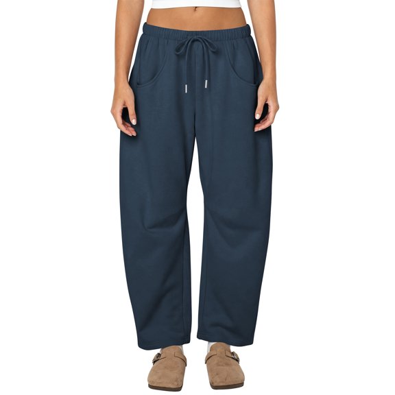 TEMOFON Womens Sweatpants Elastic Waistband with Pockets Fleece Lined Thermal Pants Women Fashion Clothes Baggy Dark Blue L