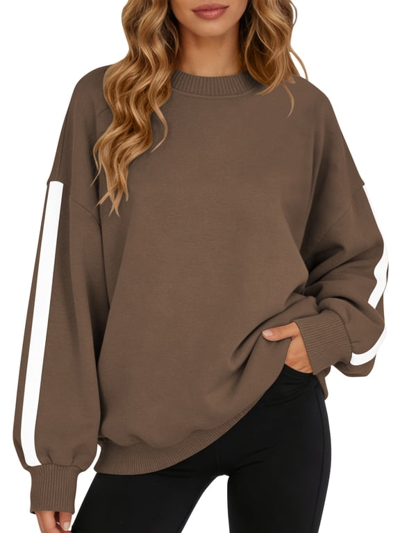 Womens Sweatshirts Fleece Lined Long Sleeve Shirts for Fall Tops Crew Neck Winter Clothes Fleece Lined Loose Fitting Tops for Women Brown L