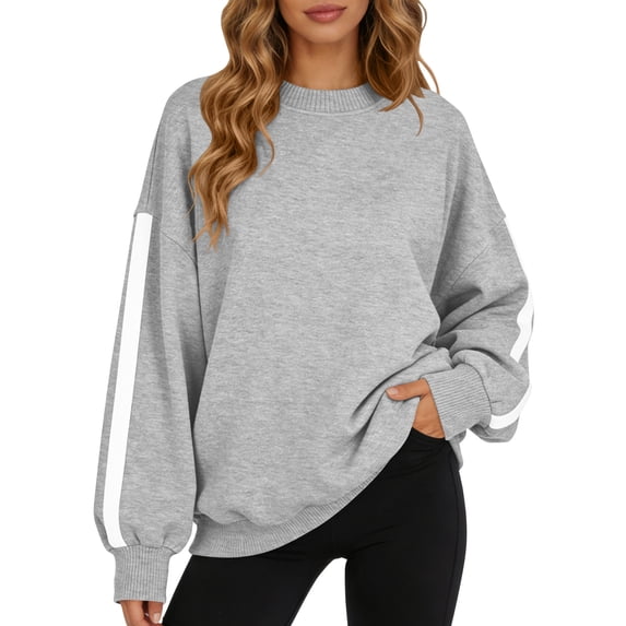 TEMOFON Womens Sweatshirts Long Sleeve Shirts for Fall Tops Crew Neck Winter Clothes Fleece Lined Loose Fitting Tops for Women Light Grey 2XL