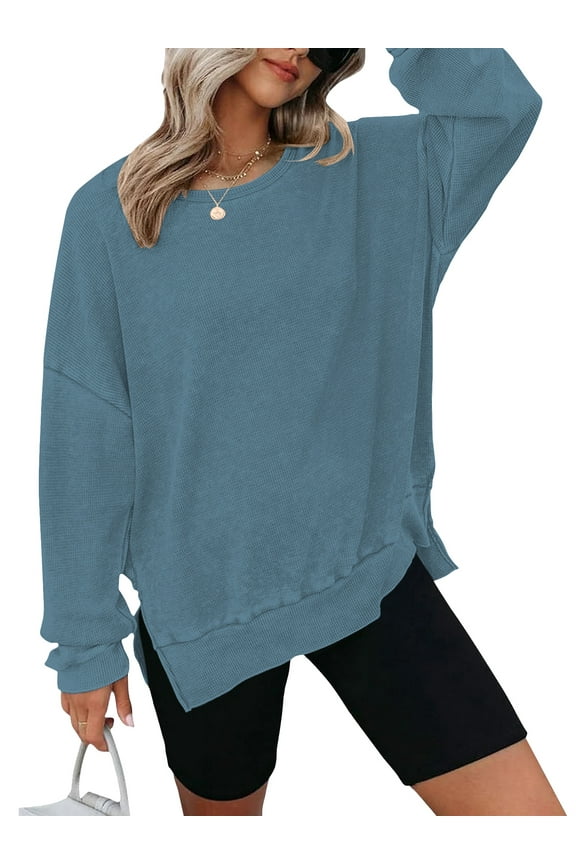 Womens Sweatshirts Long Sleeve Tops Blouse Waffle Knit Crew Neck Fashion Side Slits Casual Pullover Blue