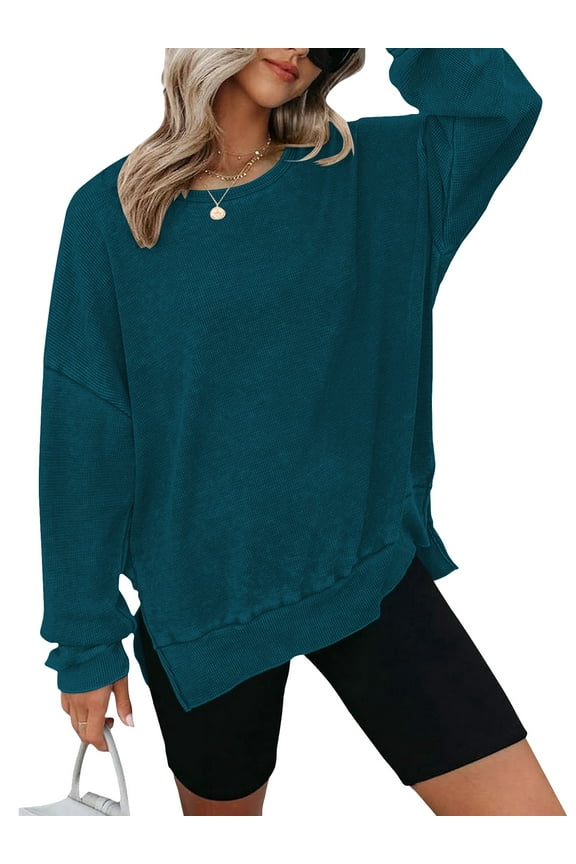 Womens Sweatshirts Long Sleeve Tops Blouse Waffle Knit Crew Neck Fashion Side Slits Casual Pullover Dark Green