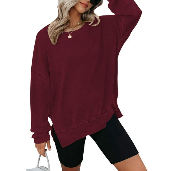 TEMOFON Womens Sweatshirts Long Sleeve Tops Blouse Waffle Knit Crew Neck Fashion Side Slits Casual Pullover Wine Red