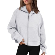 TEMOFON Womens Sweatshirts Zip-Up Fleece Cropped Hoodie Jacket with Pockets Fall Casual Long Sleeve Sports Sweatshirts 2XL