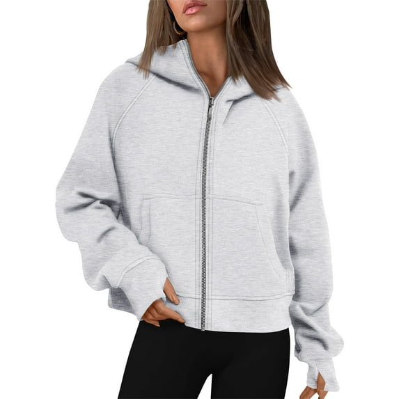 TEMOFON Womens Sweatshirts Zip-Up Fleece Cropped Hoodie Jacket with Pockets Fall Casual Long Sleeve Sports Sweatshirts XL