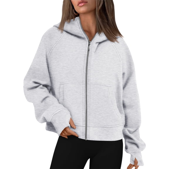 TEMOFON Womens Sweatshirts Zip-Up Fleece Cropped Hoodie Jacket with Pockets Fall Casual Long Sleeve Sports Sweatshirts XL